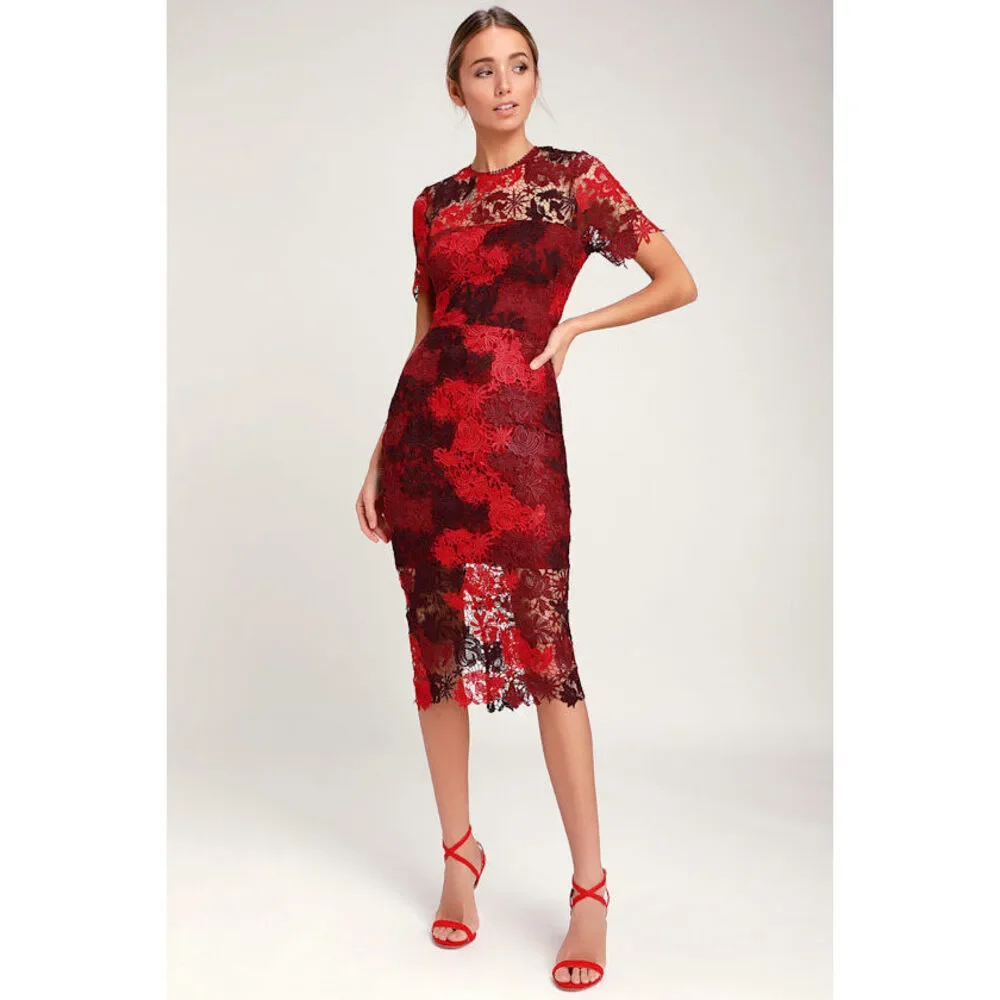 Lulus Season Of Joy Red Multi Lace Midi Dress - Size S - Picture 1 of 7